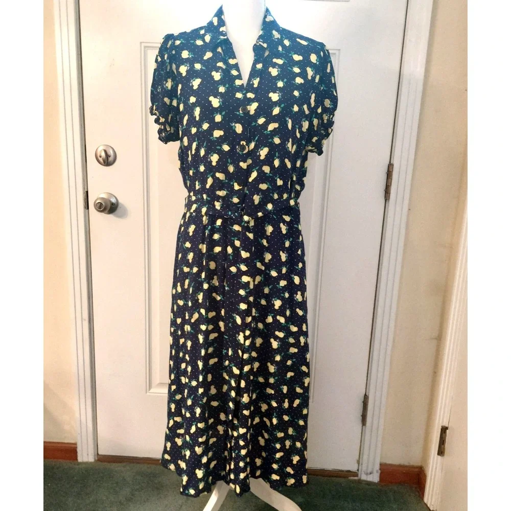 Talbots Shirt Dress 14 Navy Yellow Lemons Button Front Belted Midi Cottage Core - Picture 1 of 12